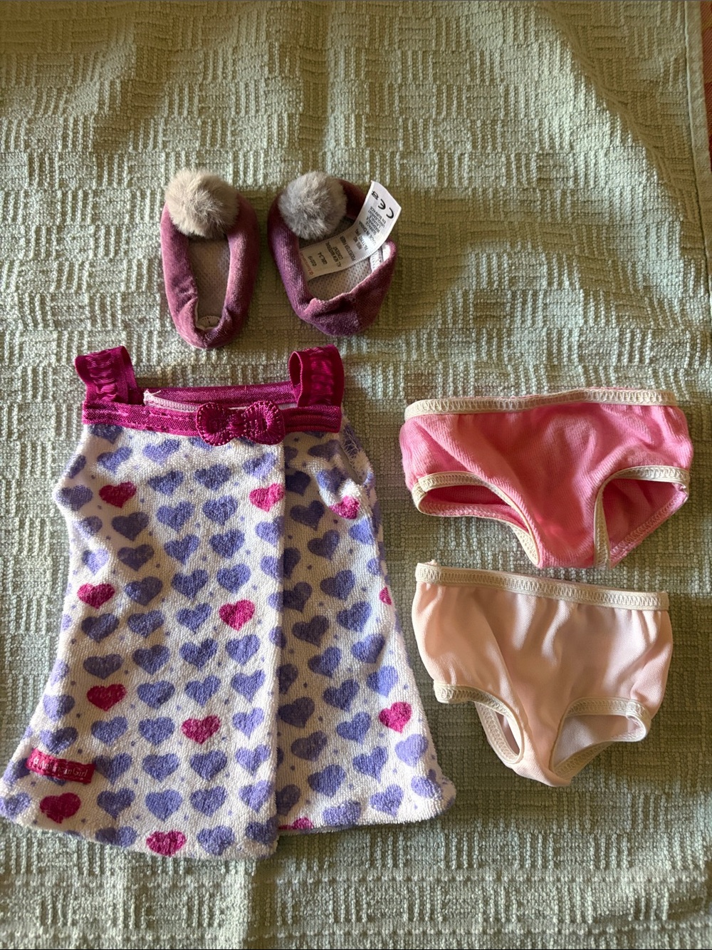 American Girl Purple Heart Dress with Pink Shoes and Pink Underwear